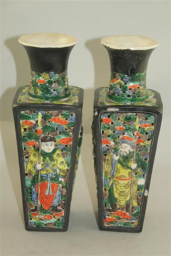 A pair of Chinese glazed biscuit porcelain double walled vases, 19th century, 29cm, one neck restored
